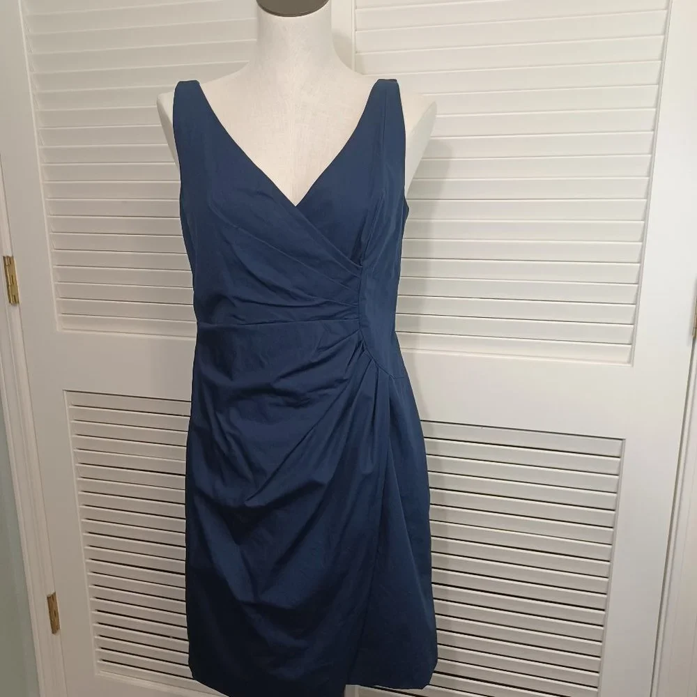 Ann‎ Taylor Navy Blue Ruched Faux Wrap V-Neck Sheath Dress Womens